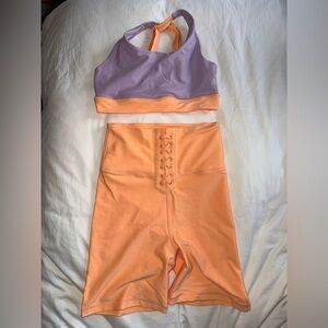 WeWoreWhat Women’s Purple and Orange Activewear Set • Lace Up Biker Short